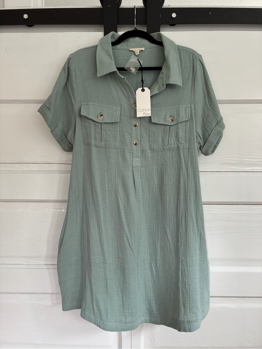 Cotton Gauze button up light blue green Short Sleeve Shift Dress - NWT